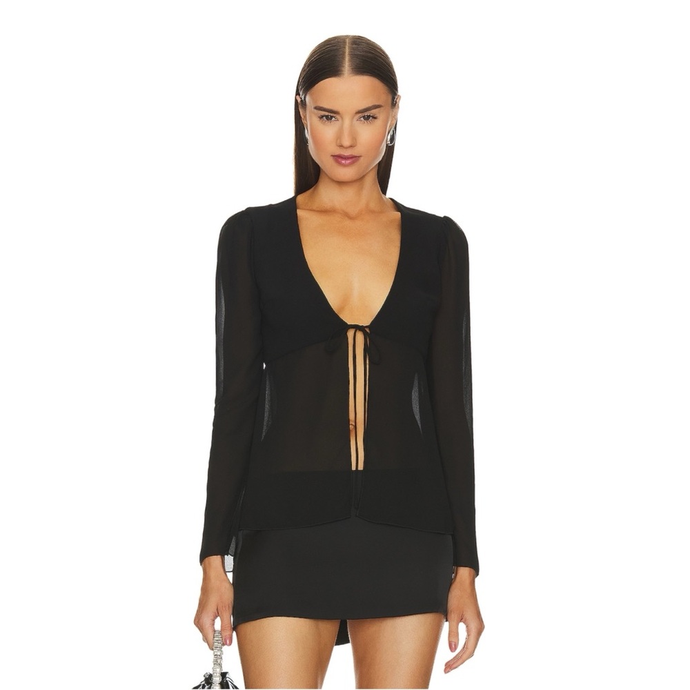NWT $148 NBD x Revolve | Katana Sheer Tie Front Long Sleeve Top Black